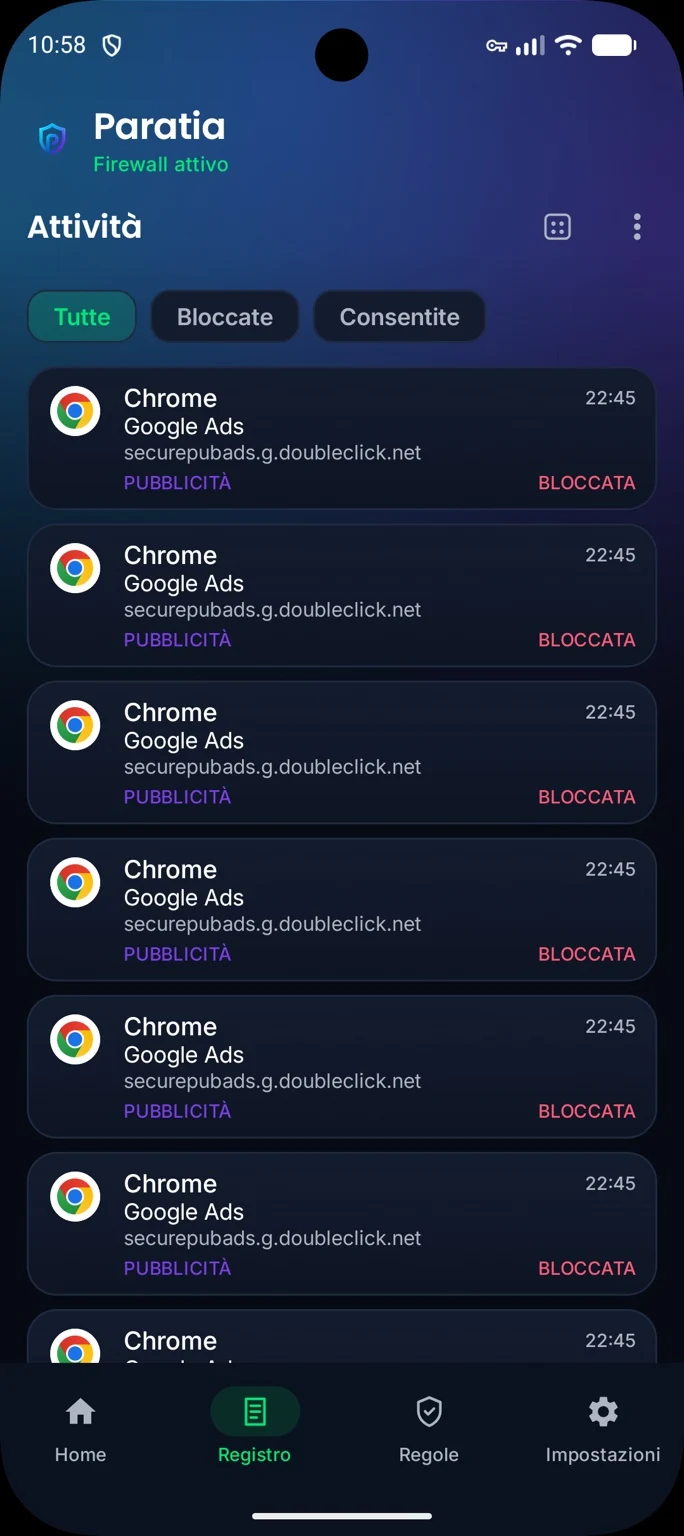 Il registro di Paratia: dominio, categoria e se è stato bloccato.