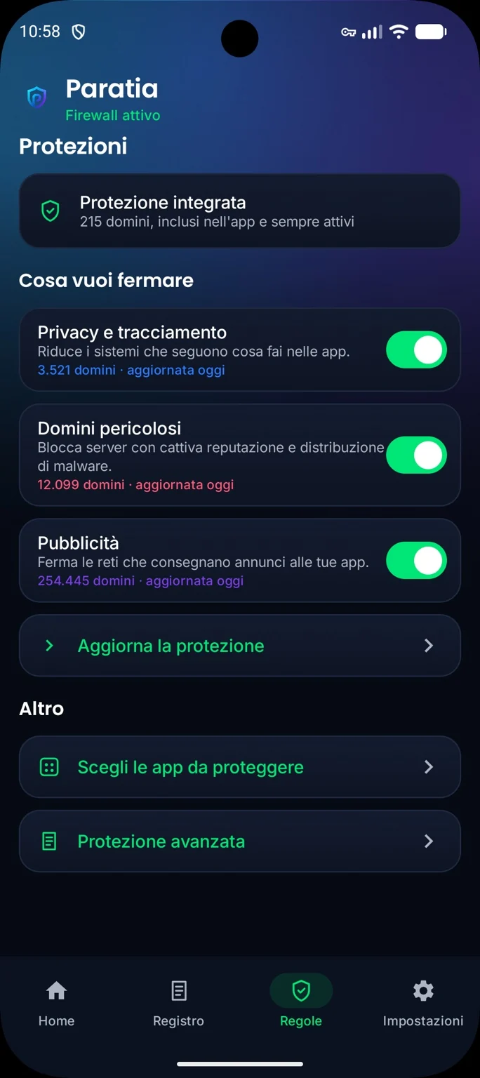 Le protezioni attive in Paratia, con il numero di domini di ciascuna.