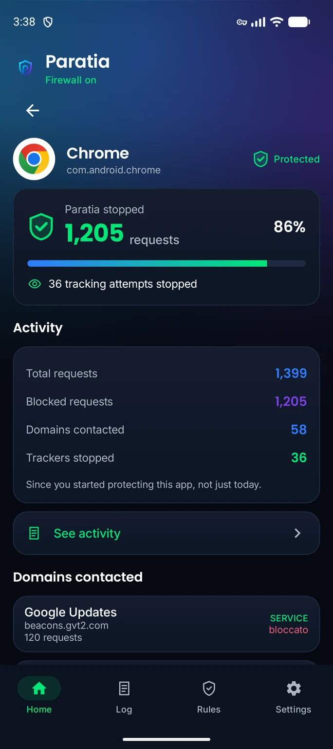The detail view of a protected app in Paratia.