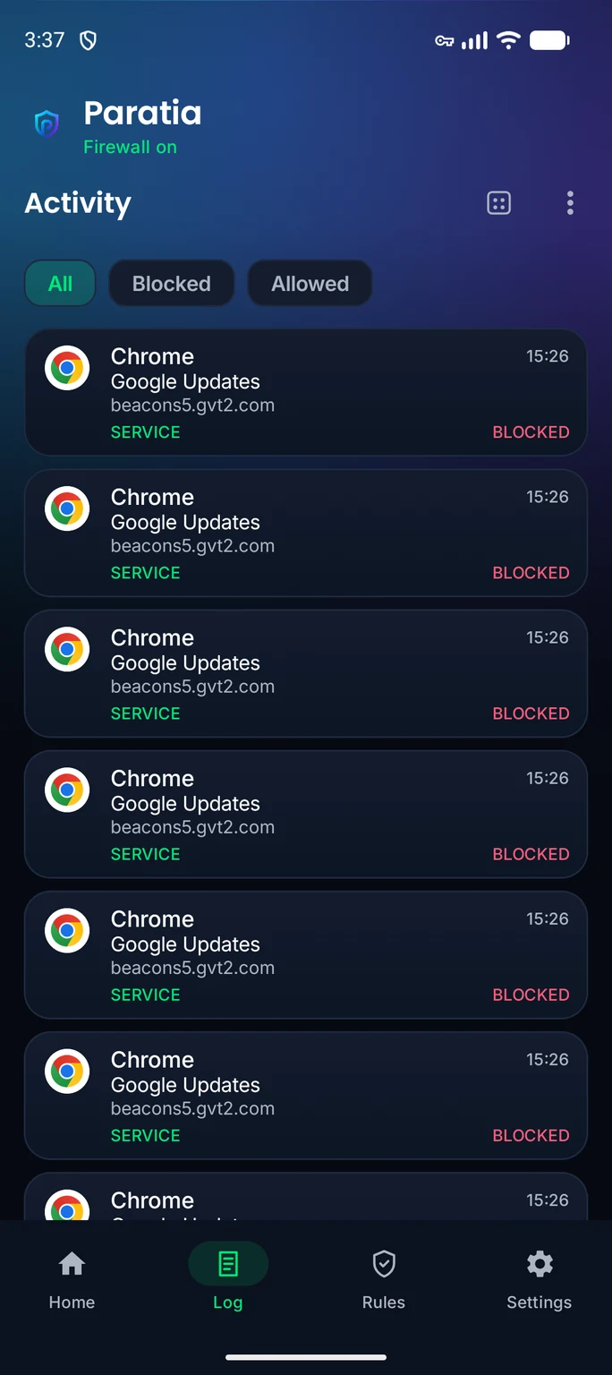 Paratia's log: domain, category and whether it was blocked.